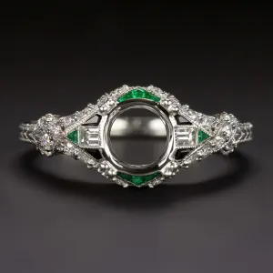 EMERALD DIAMOND 6.5mm 7mm ROUND ENGAGEMENT RING SETTING VINTAGE STYLE ART DECO