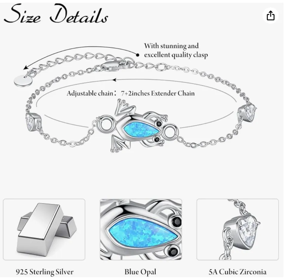 Frog Blue Opal Bracelet Chain Frog Jewelry Womens Girls Teen Birthday Gift 925 Sterling Silver