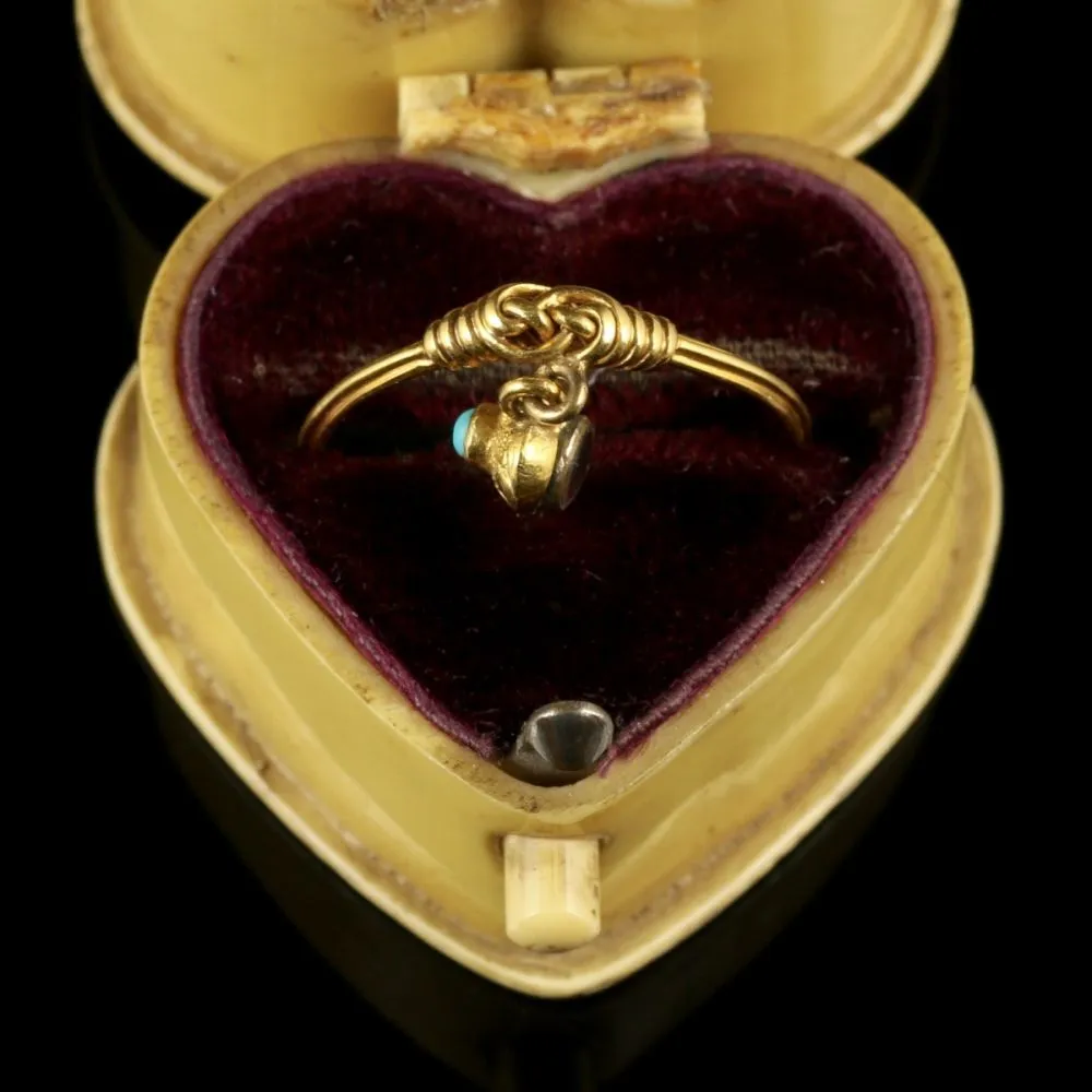 Georgian Gold Heart Dropper Ring Turquoise In A Heart Box Circa 1780