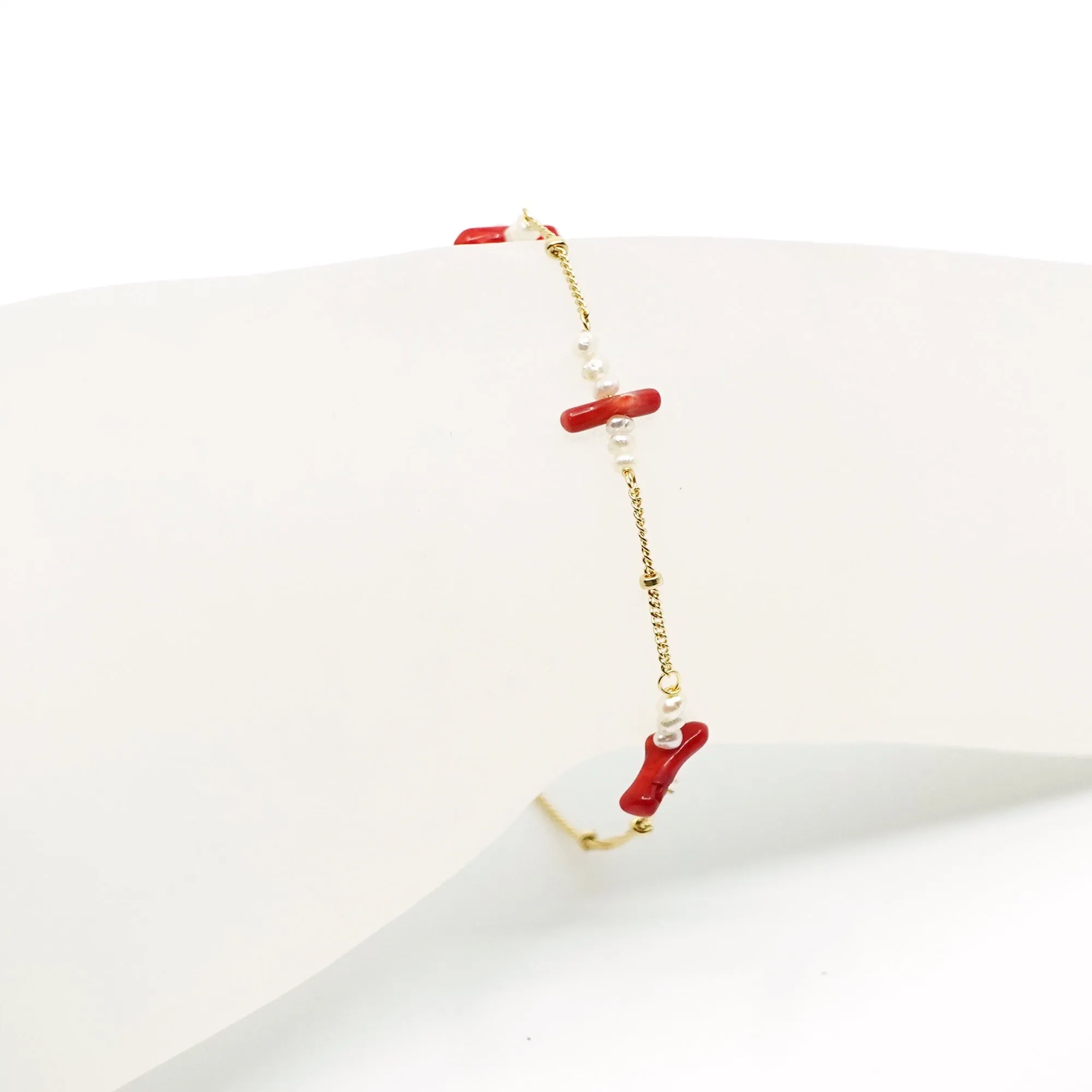 Gold Filled Red Coral Branch and Pearl Bracelet