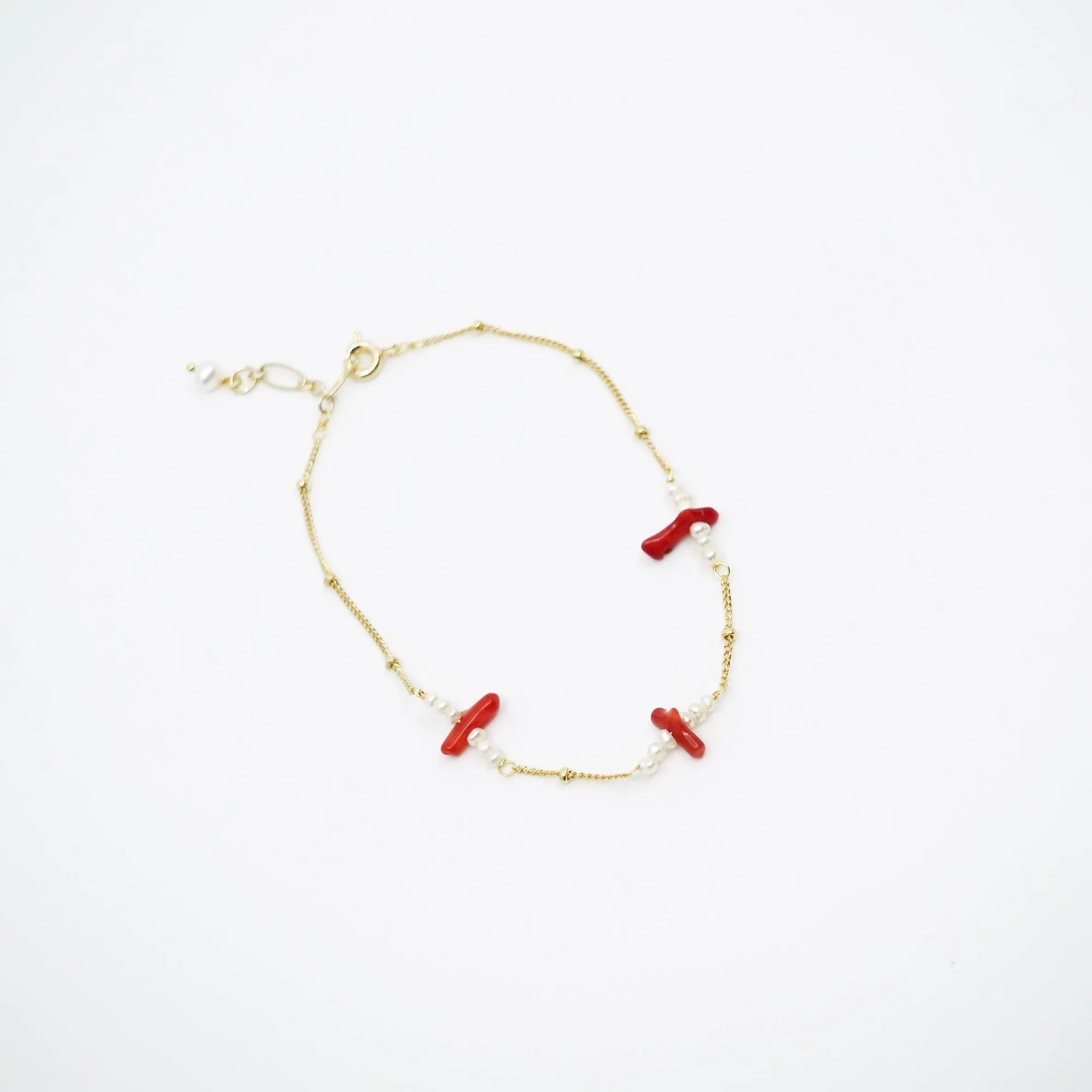 Gold Filled Red Coral Branch and Pearl Bracelet