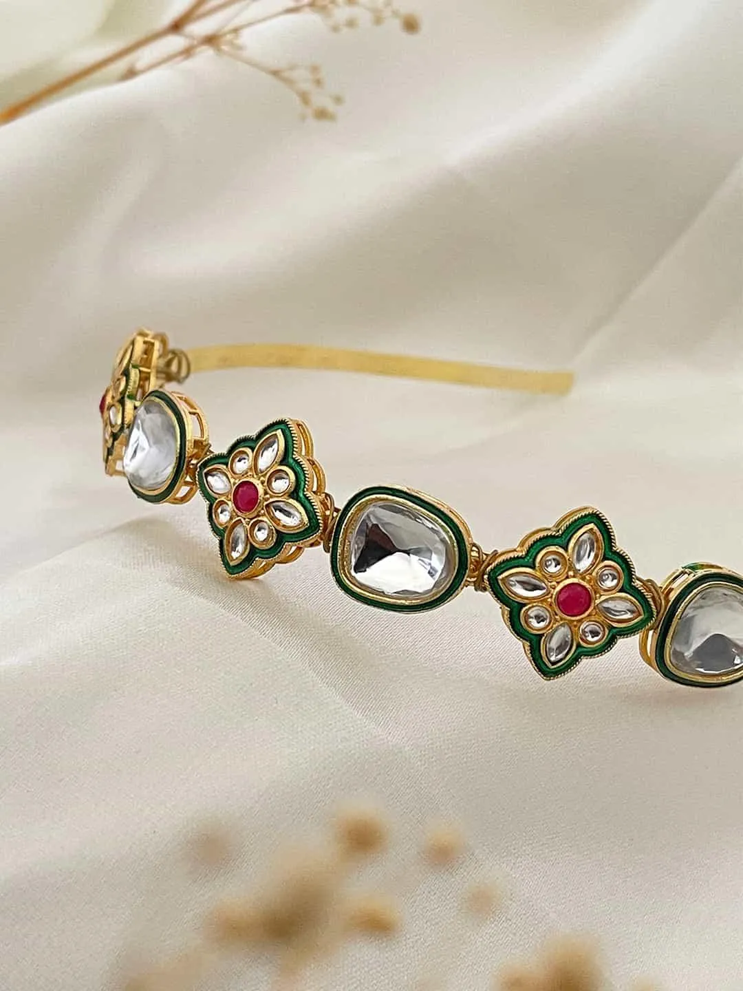 Gold Finish Emerald Stone And Kundan Polki Hairband