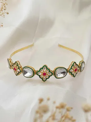 Gold Finish Emerald Stone And Kundan Polki Hairband