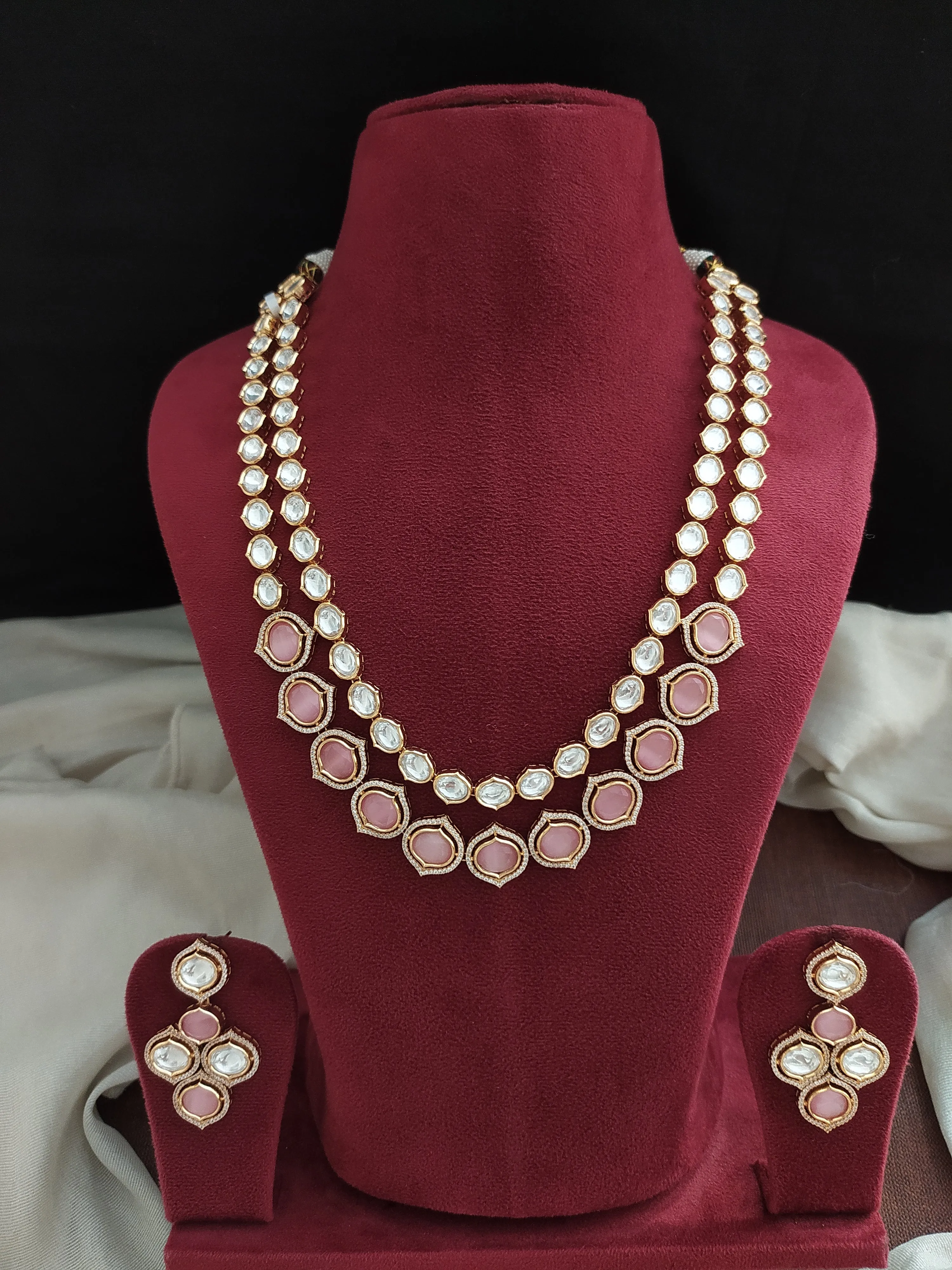 Gold-plated Kundan Double-Layer Long Haram Set with Uncut Diamond Stones