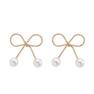 Gold Ribbon White Pearl Tie Invisible Clip On Stud Earrings