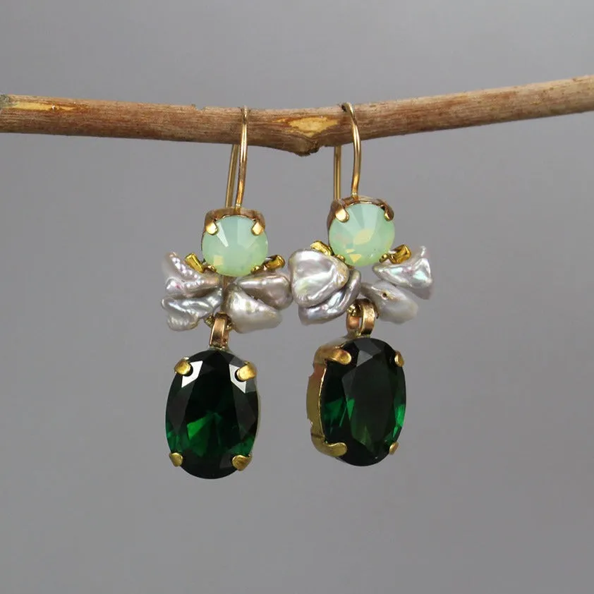 Green Swarovski Pearl Flamenco Earrings