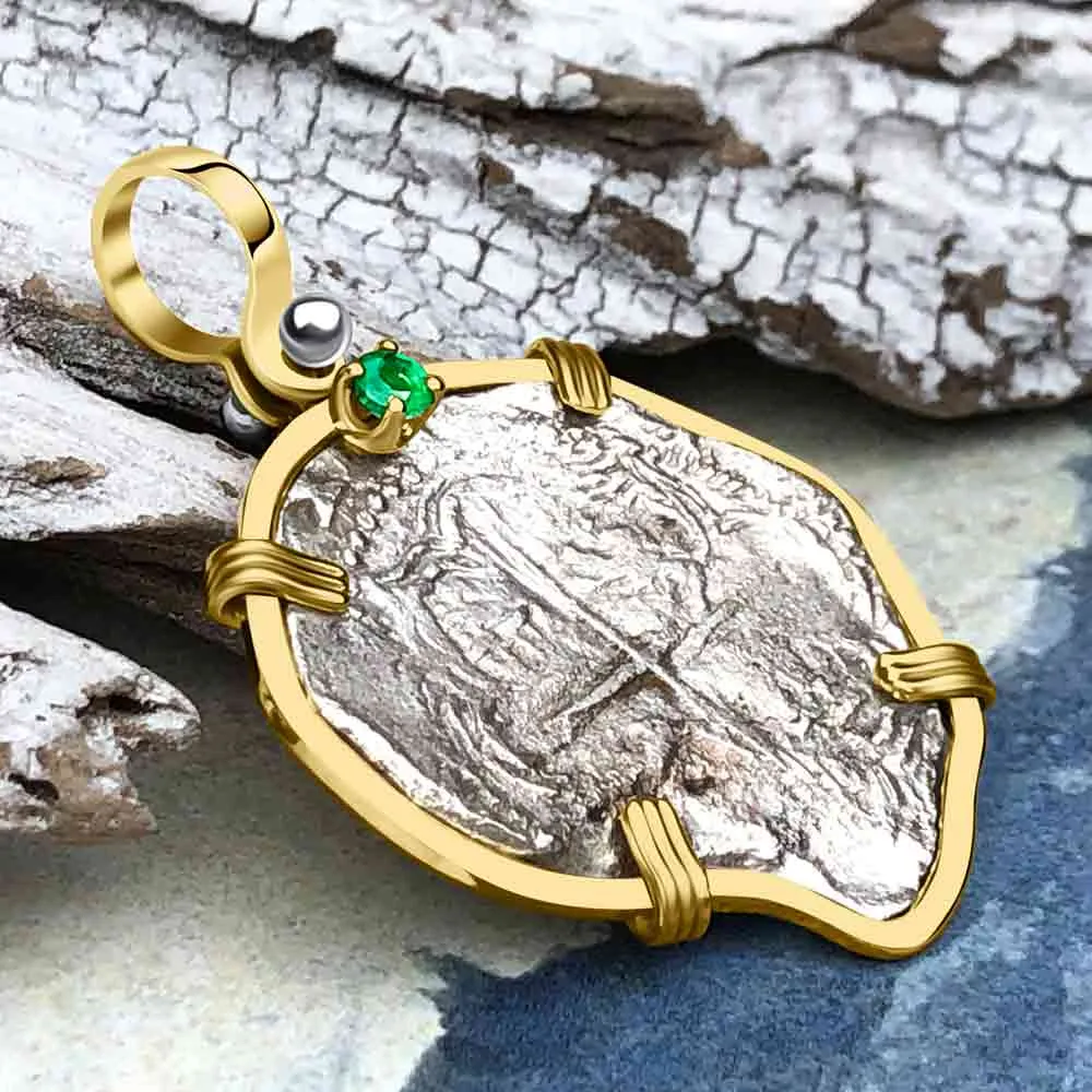 Heart Shaped Mel Fisher's Atocha Rare 2 Reale Shipwreck Coin 14K Gold Pendant with Emerald | Artifact #6392