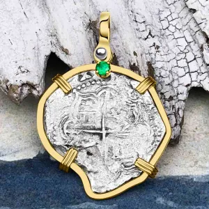 Heart Shaped Mel Fisher's Atocha Rare 2 Reale Shipwreck Coin 14K Gold Pendant with Emerald | Artifact #6392