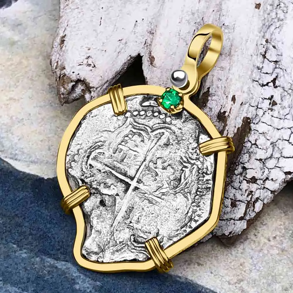 Heart Shaped Mel Fisher's Atocha Rare 2 Reale Shipwreck Coin 14K Gold Pendant with Emerald | Artifact #6392