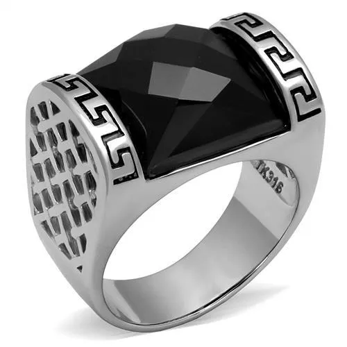 High polished (no plating) Stainless Steel Ring with Synthetic Onyx in Jet for Women Style TK3016