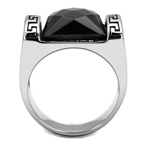 High polished (no plating) Stainless Steel Ring with Synthetic Onyx in Jet for Women Style TK3016