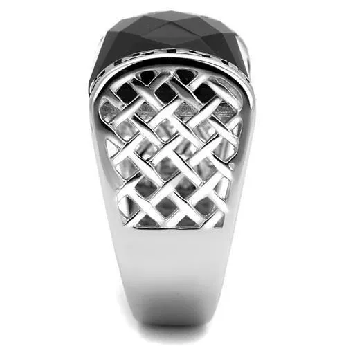 High polished (no plating) Stainless Steel Ring with Synthetic Onyx in Jet for Women Style TK3016