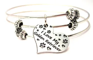 I Love My Golden Retriever Heart Triple Style Expandable Bangle Bracelet