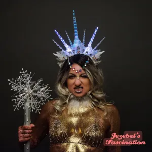 Ice Queen Witch Headdress Light Up Unseelie Celestial Silver White Icicle Spiked Crown Snow Wicked Evil Winter Costume Empress Festival Headpiece