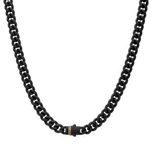 Inox Stainless Steel Matte Black 6mm Cuban Chain Necklace with Black Sapphire, 24 inch