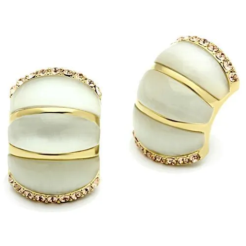 IP Gold(Ion Plating) Brass Earrings with Synthetic Cat Eye in White for Women White Stone Color Style GL339