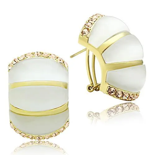 IP Gold(Ion Plating) Brass Earrings with Synthetic Cat Eye in White for Women White Stone Color Style GL339