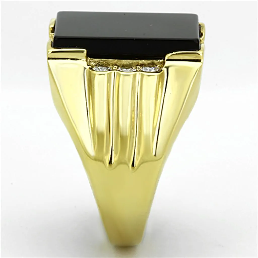 IP Gold(Ion Plating) Stainless Steel Ring with Synthetic Onyx in Jet for Women Style TK1236