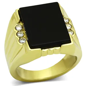 IP Gold(Ion Plating) Stainless Steel Ring with Synthetic Onyx in Jet for Women Style TK1236