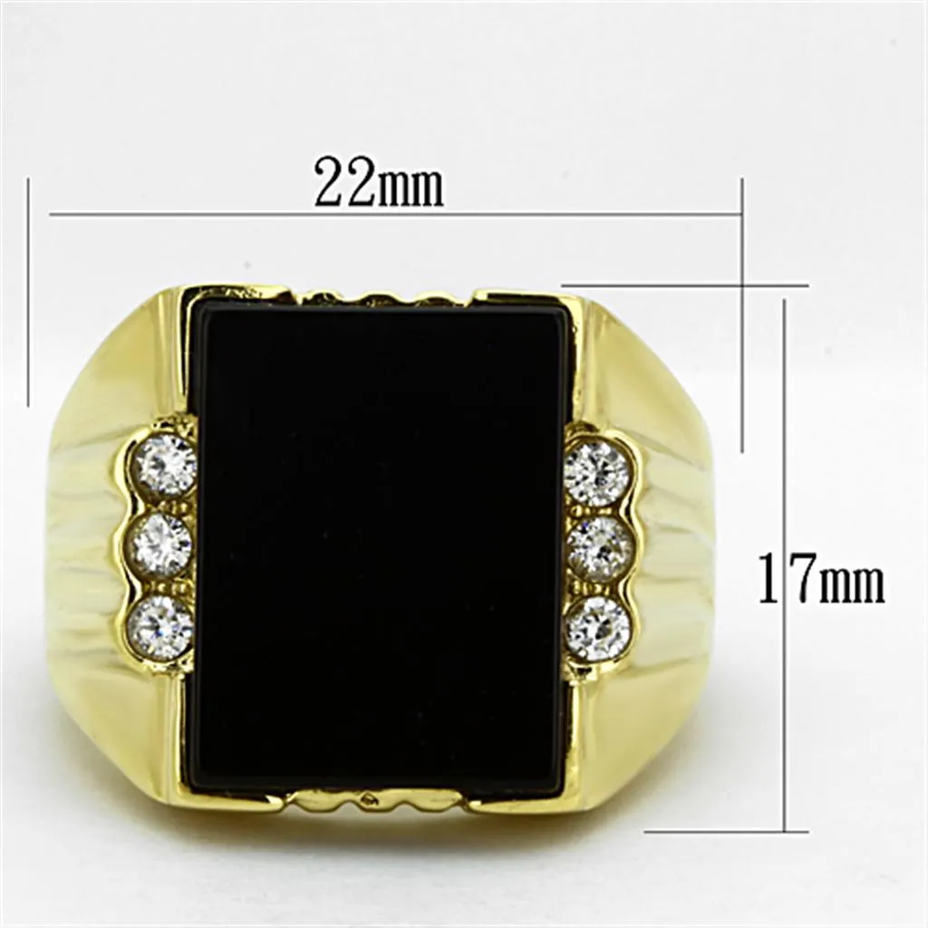 IP Gold(Ion Plating) Stainless Steel Ring with Synthetic Onyx in Jet for Women Style TK1236