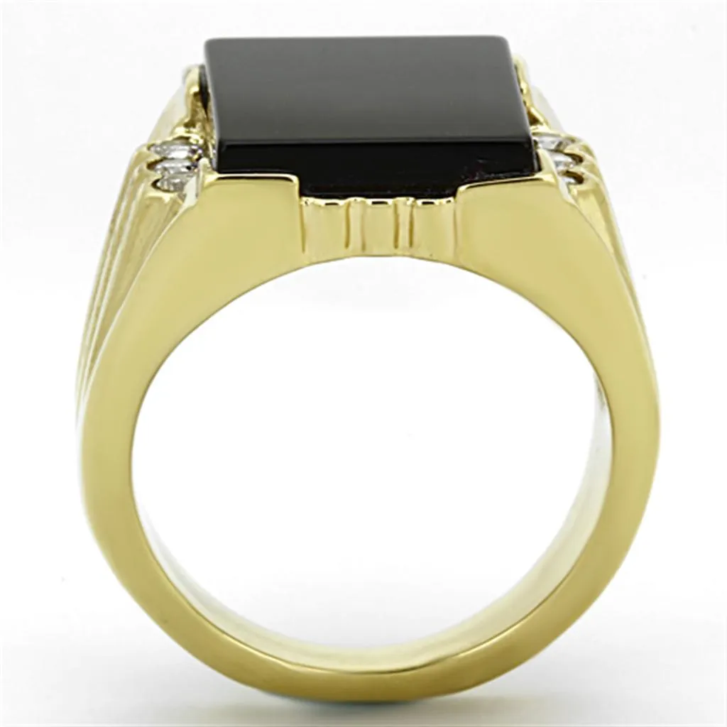 IP Gold(Ion Plating) Stainless Steel Ring with Synthetic Onyx in Jet for Women Style TK1236