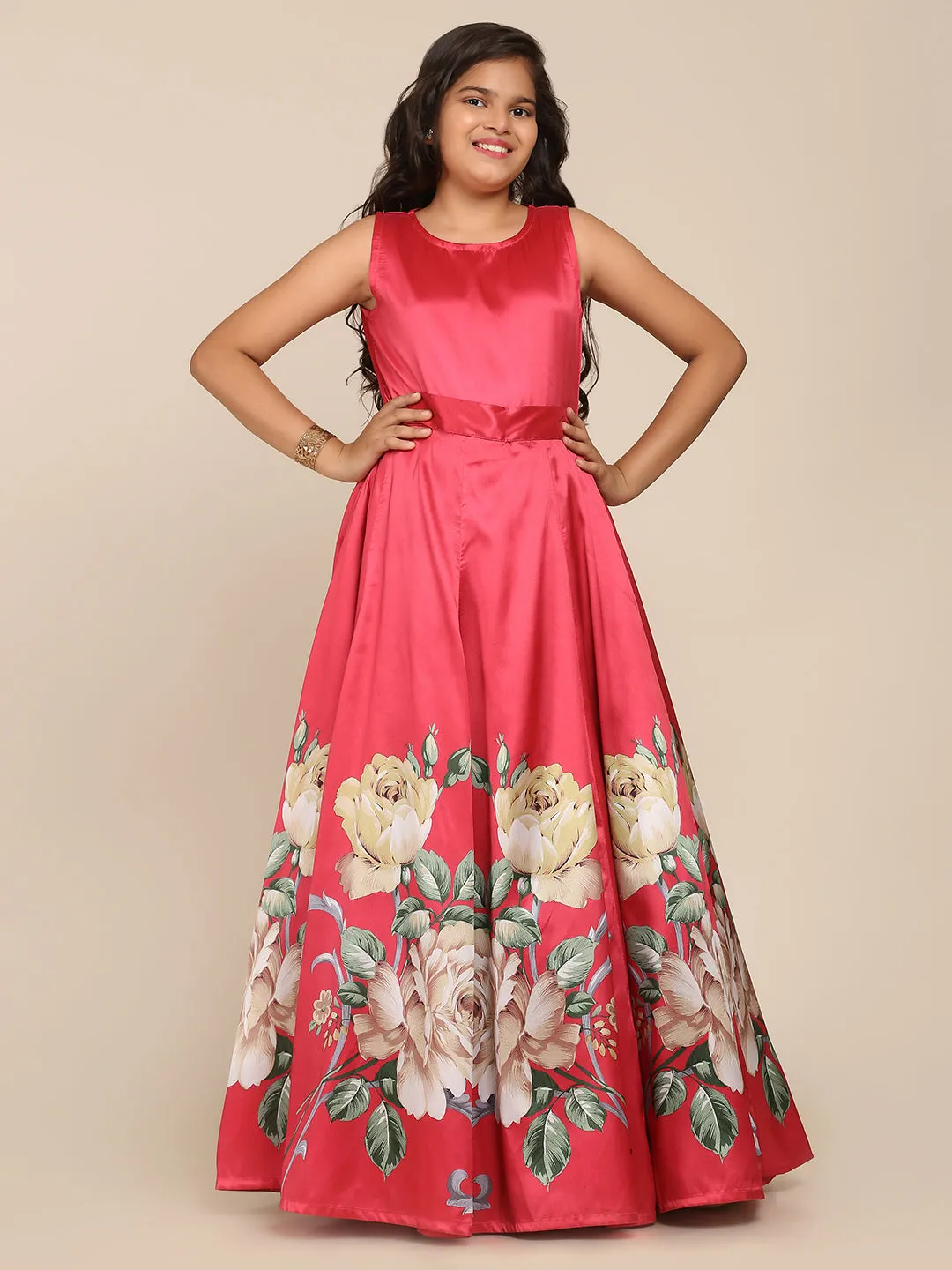 Jashvi Girls Coral Pink Digital Print Gown