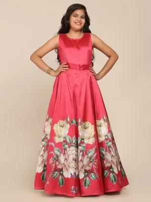 Jashvi Girls Coral Pink Digital Print Gown