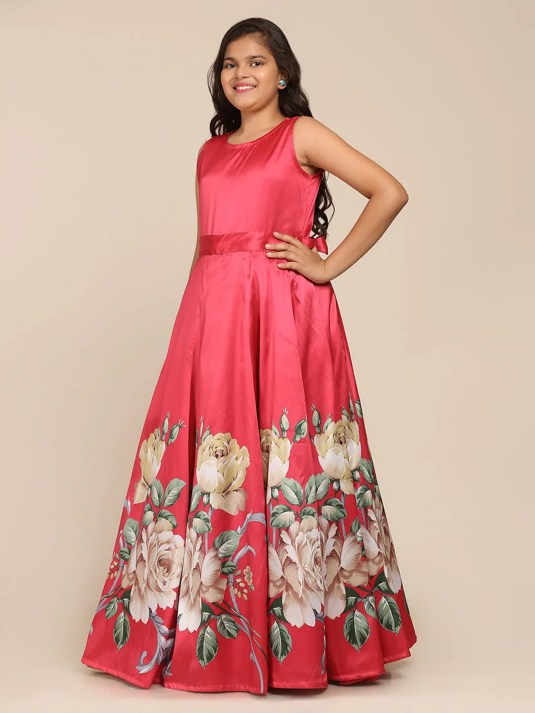 Jashvi Girls Coral Pink Digital Print Gown