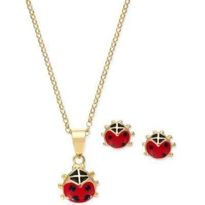 Ladybug Girl's Sterling Silver Earring & Necklace Set