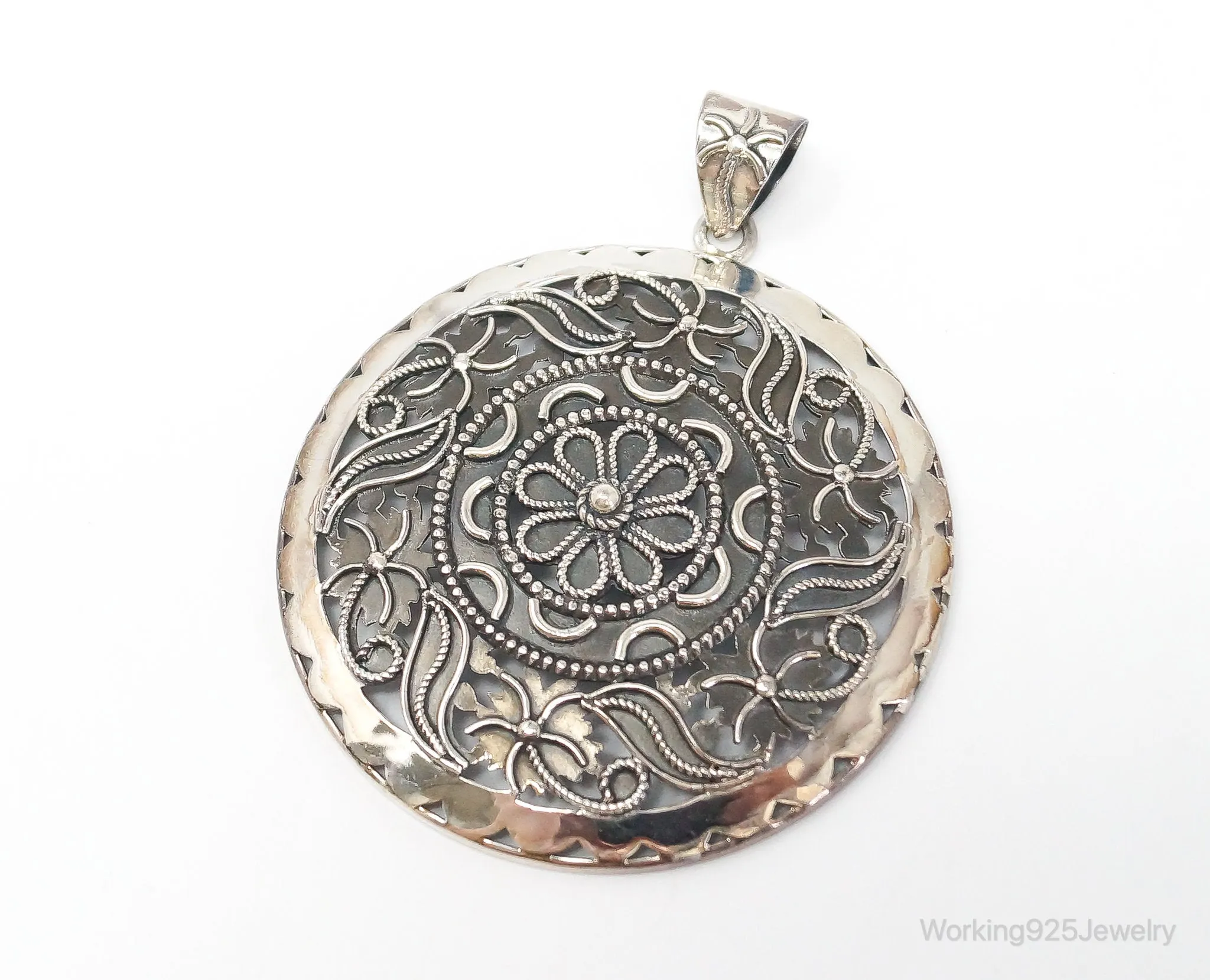 Large India Designer Doug Paulus Ornate Flower Sterling Silver Pendant