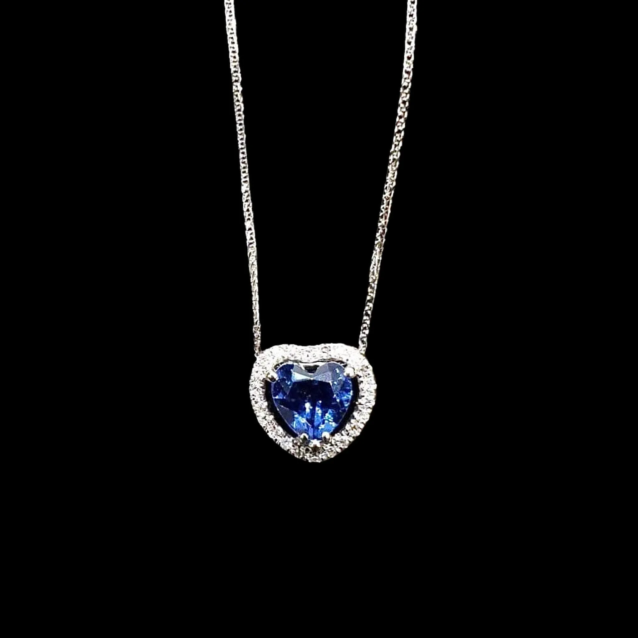 #LVNA2024 | Classic Blue Sapphire Gemstone Heart Halo Paved Diamond Necklace 18”