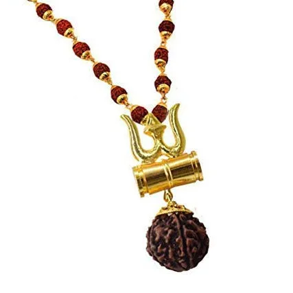 Mahakaal Kavach / Kawach Trishul Damru (Damaru) 5 Mukhi Rudraksha Locket/Pendant Shiv Shakti  in 5 faced Rudraksha mala