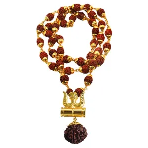 Mahakaal Kavach / Kawach Trishul Damru (Damaru) 5 Mukhi Rudraksha Locket/Pendant Shiv Shakti  in 5 faced Rudraksha mala