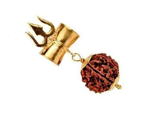 Mahakaal Kavach / Kawach Trishul Damru (Damaru) 5 Mukhi Rudraksha Locket/Pendant Shiv Shakti  in 5 faced Rudraksha mala