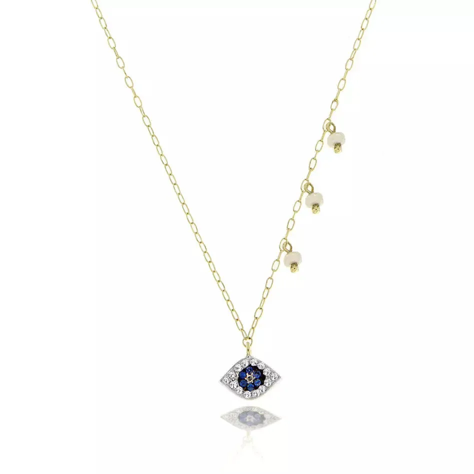 Meira T Dainty Sapphire Evil Eye and Diamond Off Center Pearl Necklace