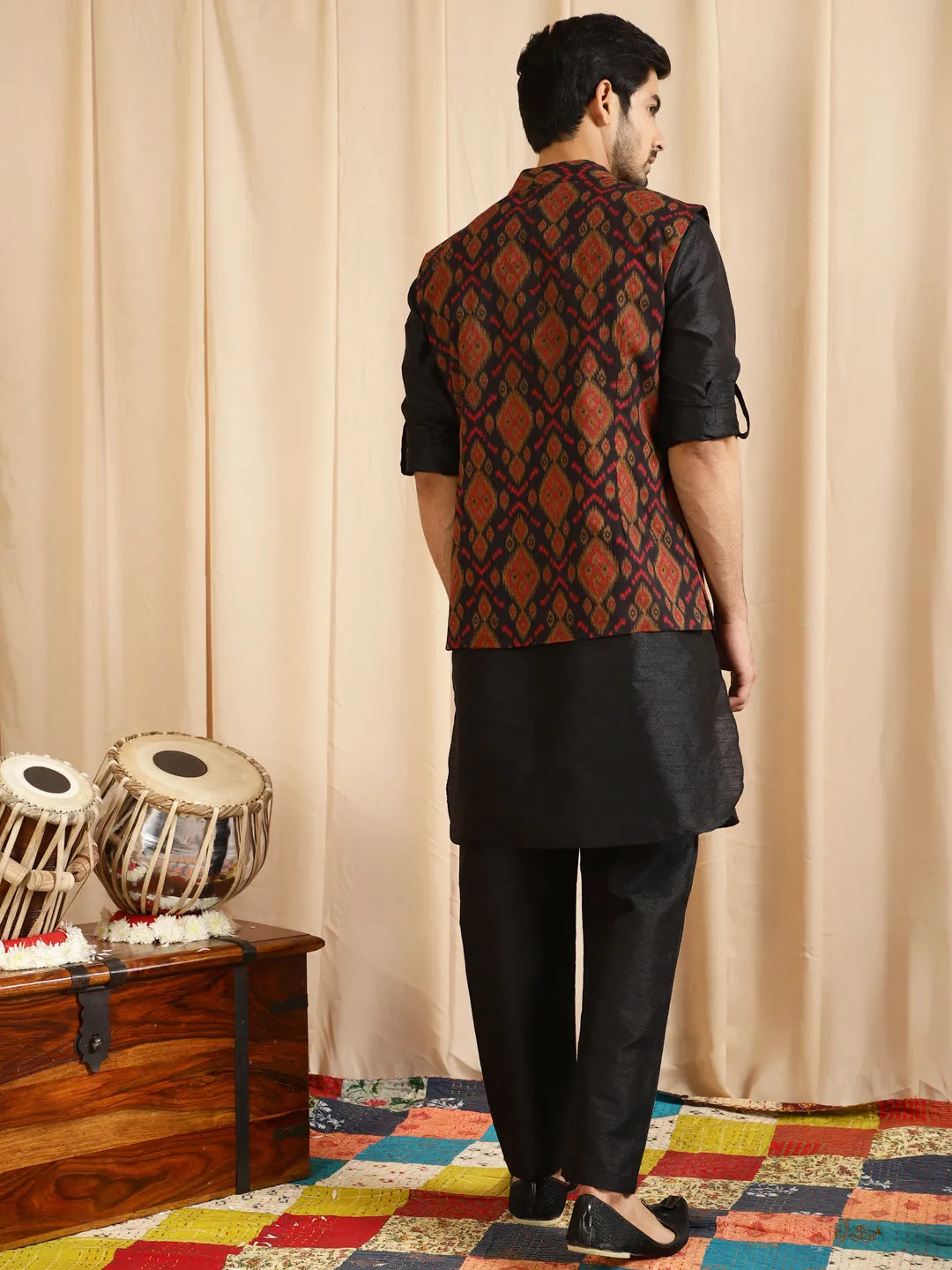 Men's Black Kurta Pyjama With Nehru Jacket - Aks Men