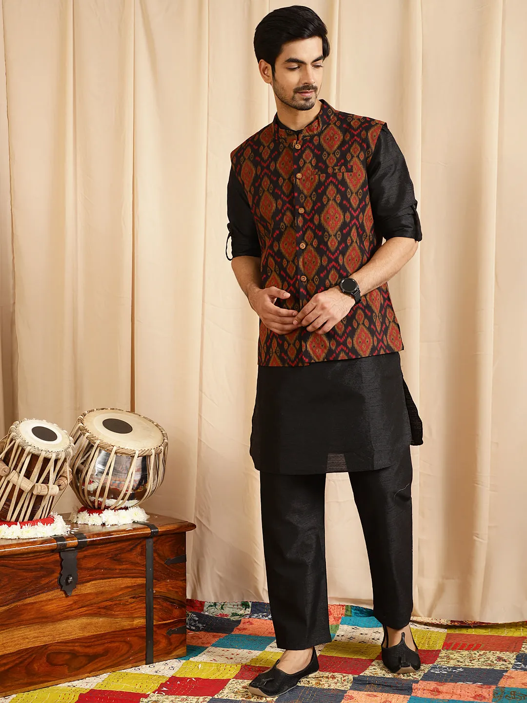 Men's Black Kurta Pyjama With Nehru Jacket - Aks Men