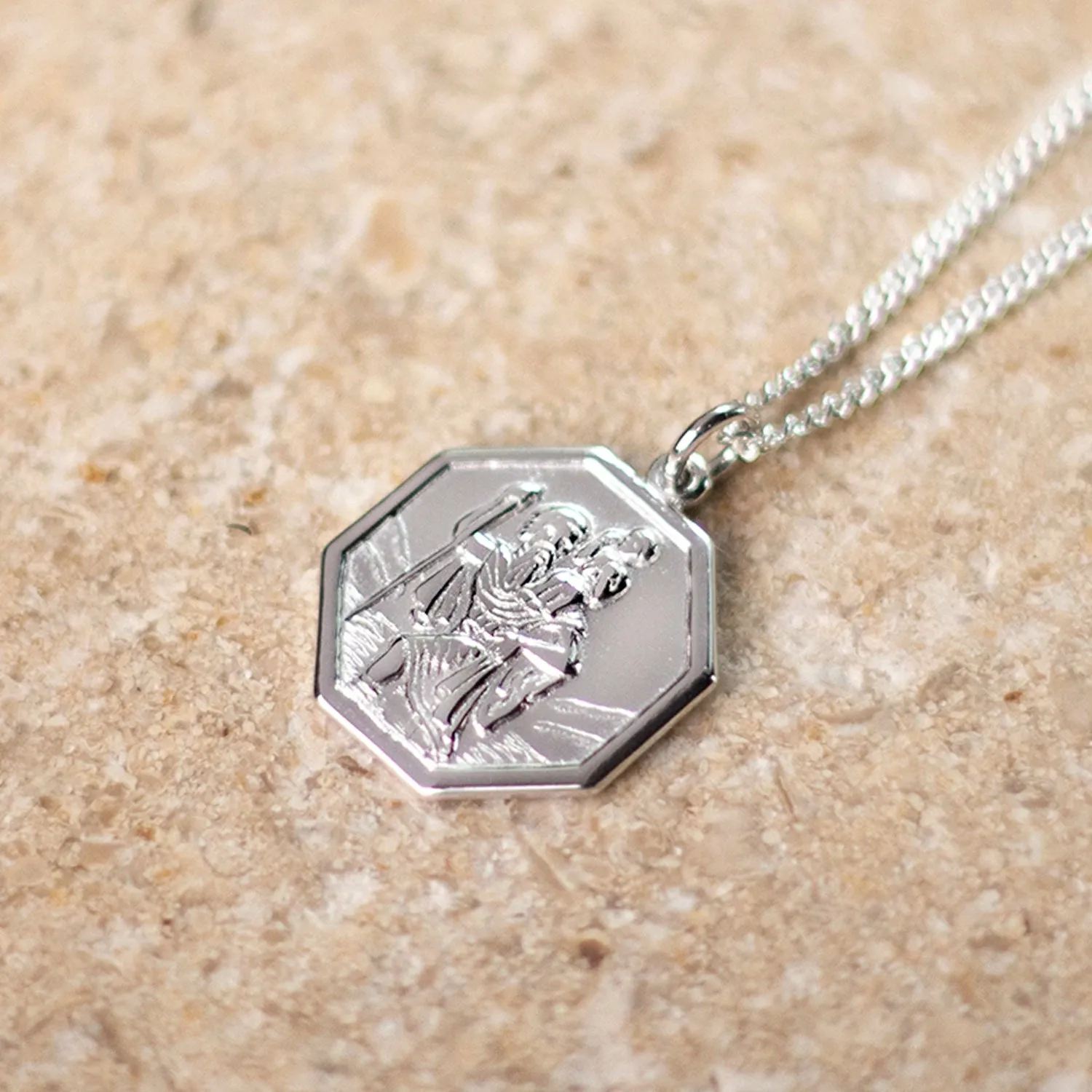 Men's Large St Christopher Necklace Silver   Engraving