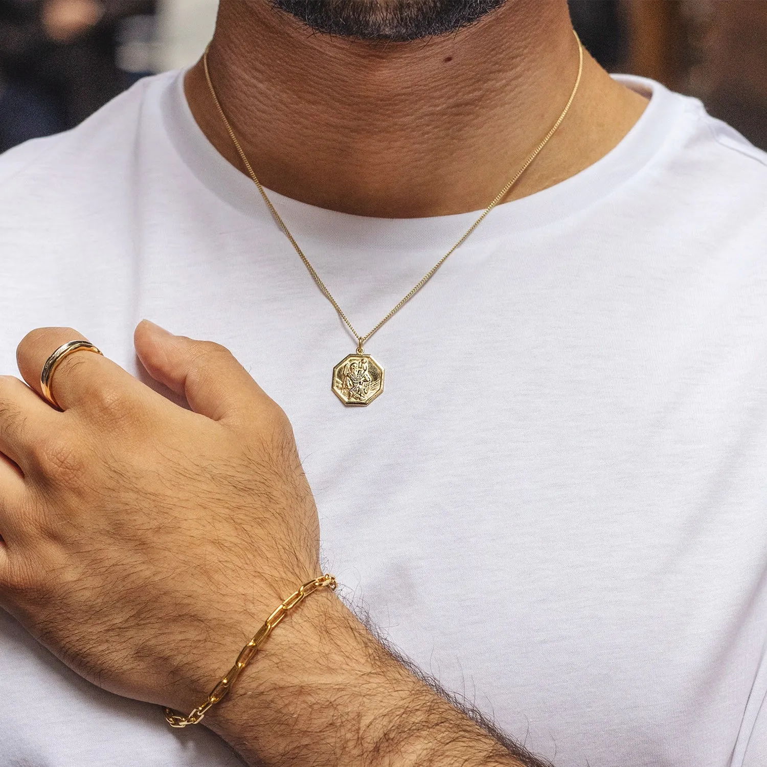 Men's Large St Christopher Necklace Solid Gold   Engraving