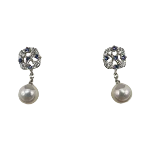 MIKIMOTO AKOYA 18K Yellow Gold with 7mm  CULTURED PEARL, 0.3ct DIAMOND & 0.14ct SAPPHIRE DROP EARRING