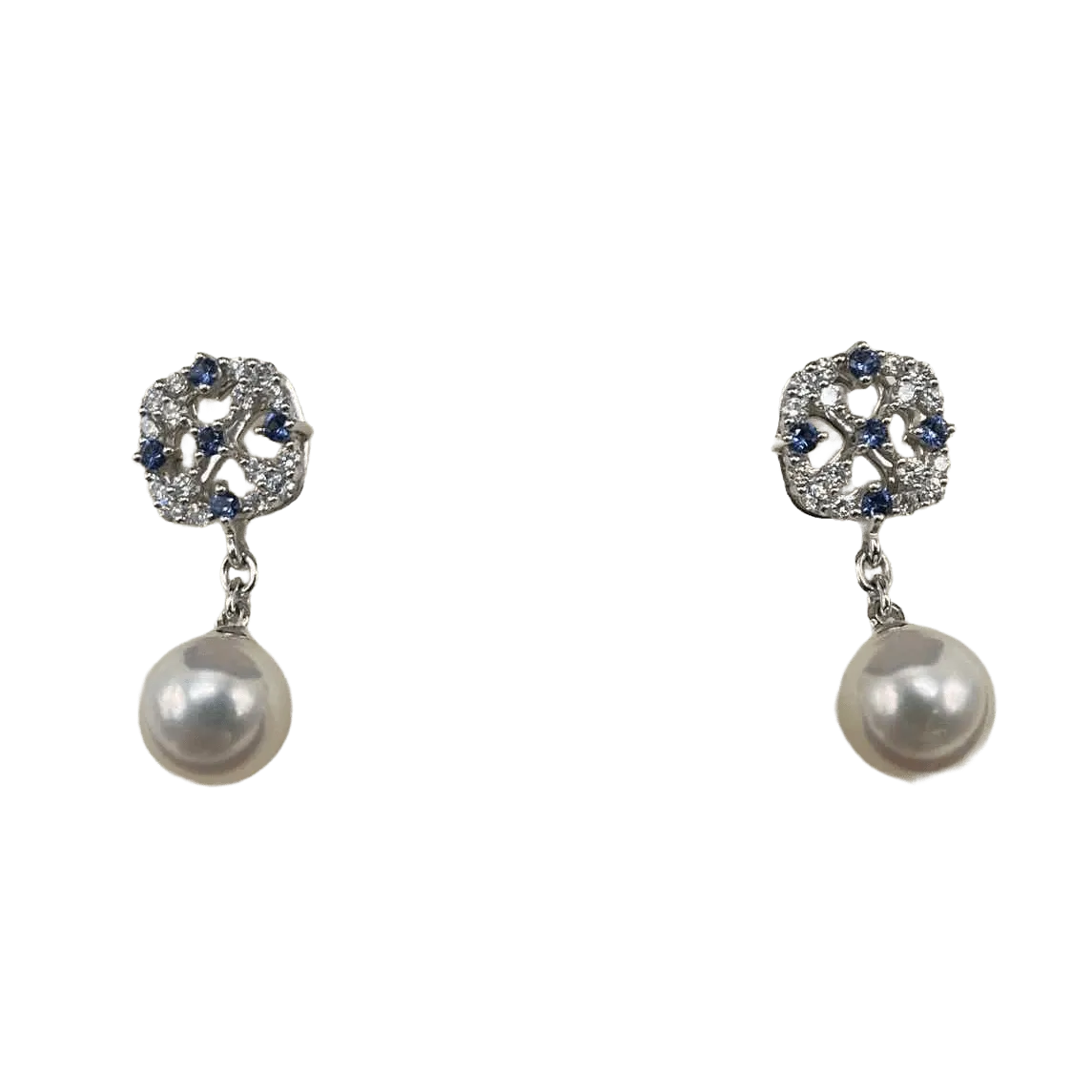 MIKIMOTO AKOYA 18K Yellow Gold with 7mm  CULTURED PEARL, 0.3ct DIAMOND & 0.14ct SAPPHIRE DROP EARRING