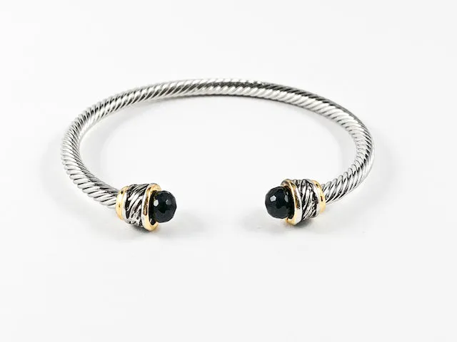 Modern Cable Wire Duo Black Onyx Stone Ends Brass Cuff Bangle