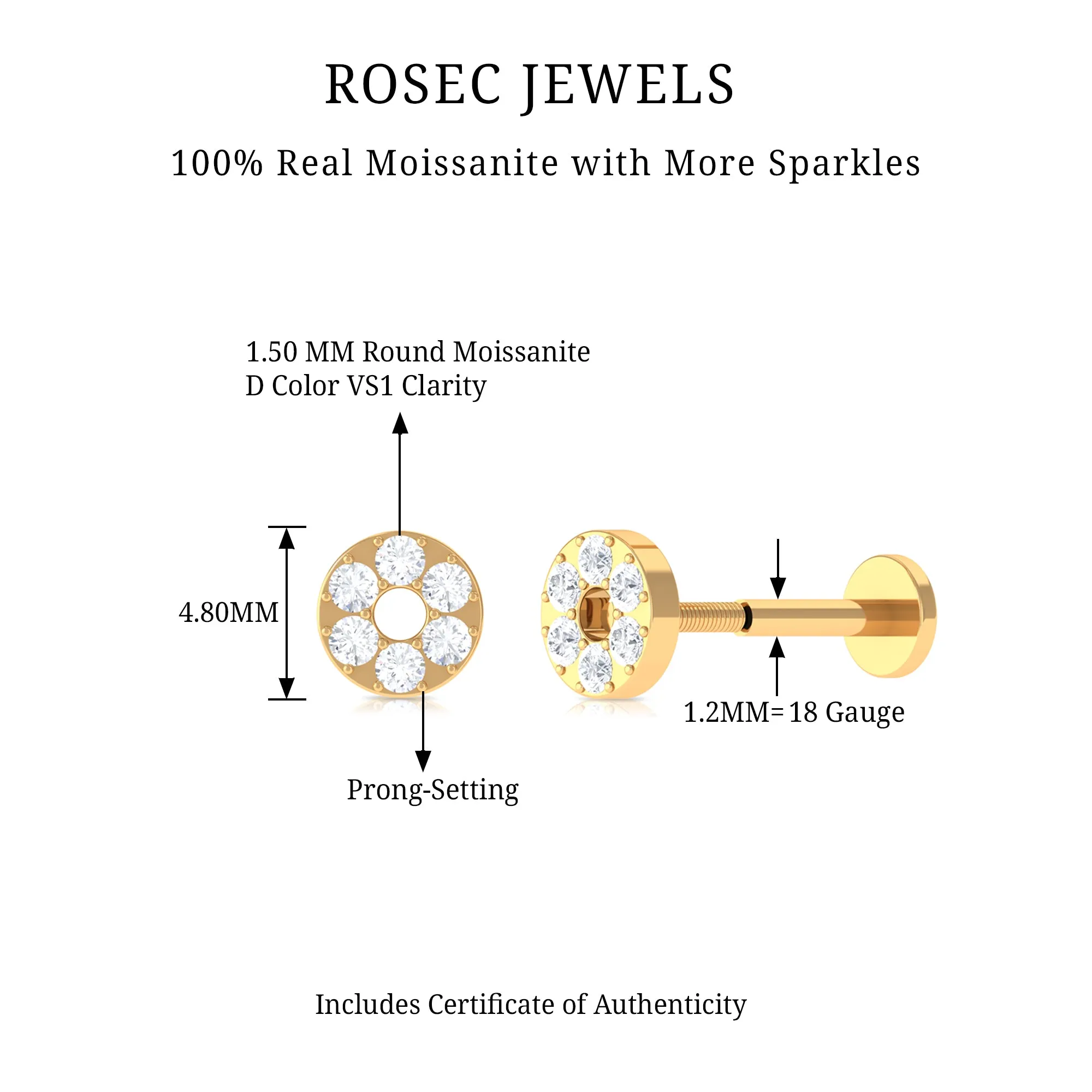 Moissanite Gold Disc Earring for Conch Piercing