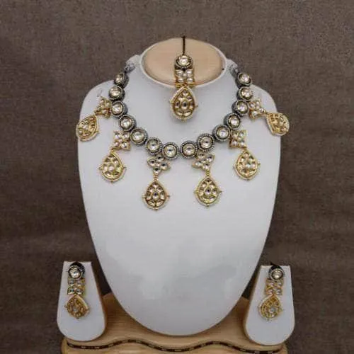 Multi Jadau Drop Split Necklace Earring And Teeka Set