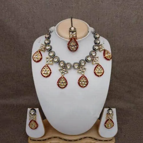 Multi Jadau Drop Split Necklace Earring And Teeka Set