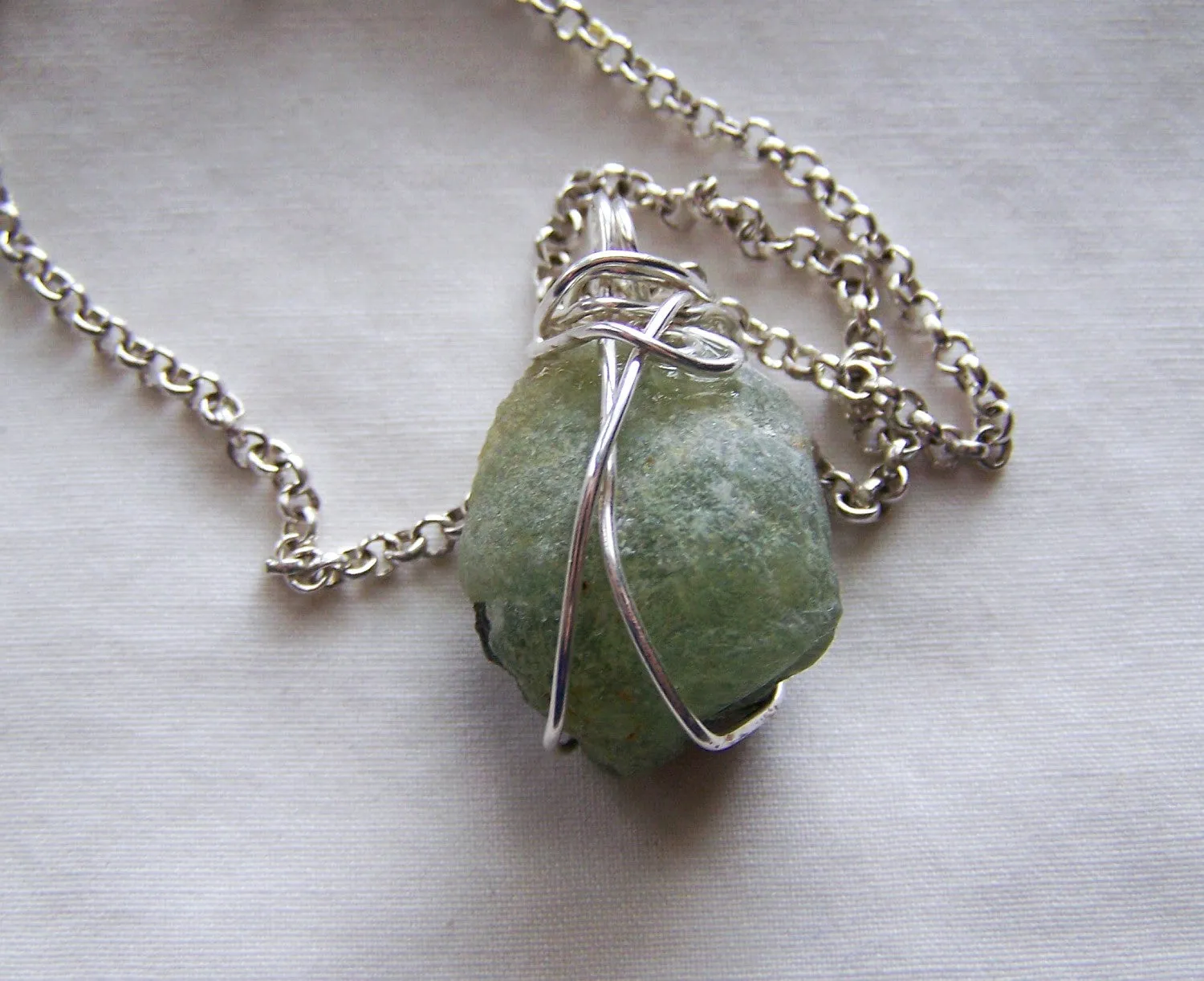 Natural Green Prehnite Wire Wrapped Pendant Necklace