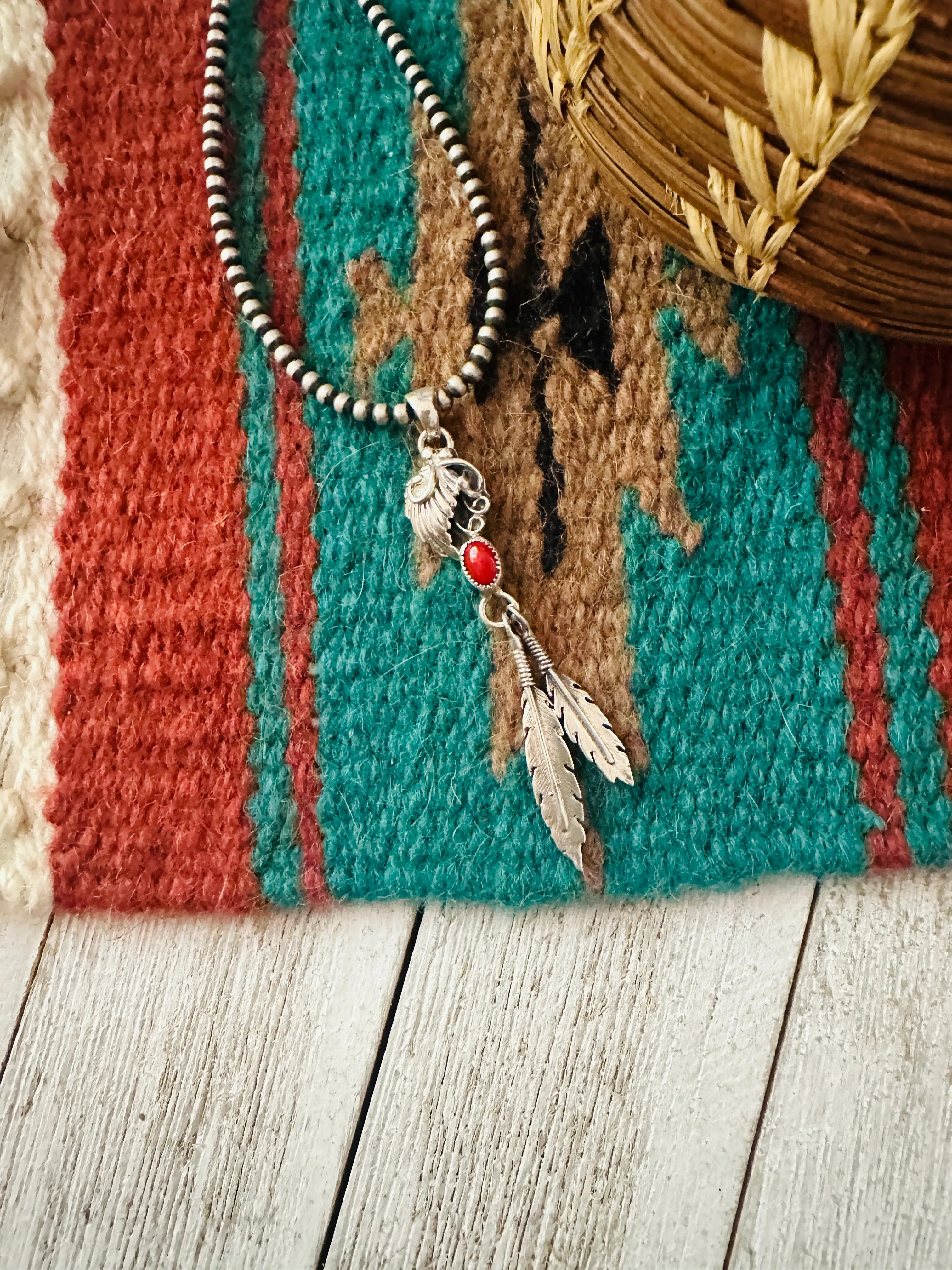 Navajo Coral & Sterling Silver Feather Pendant