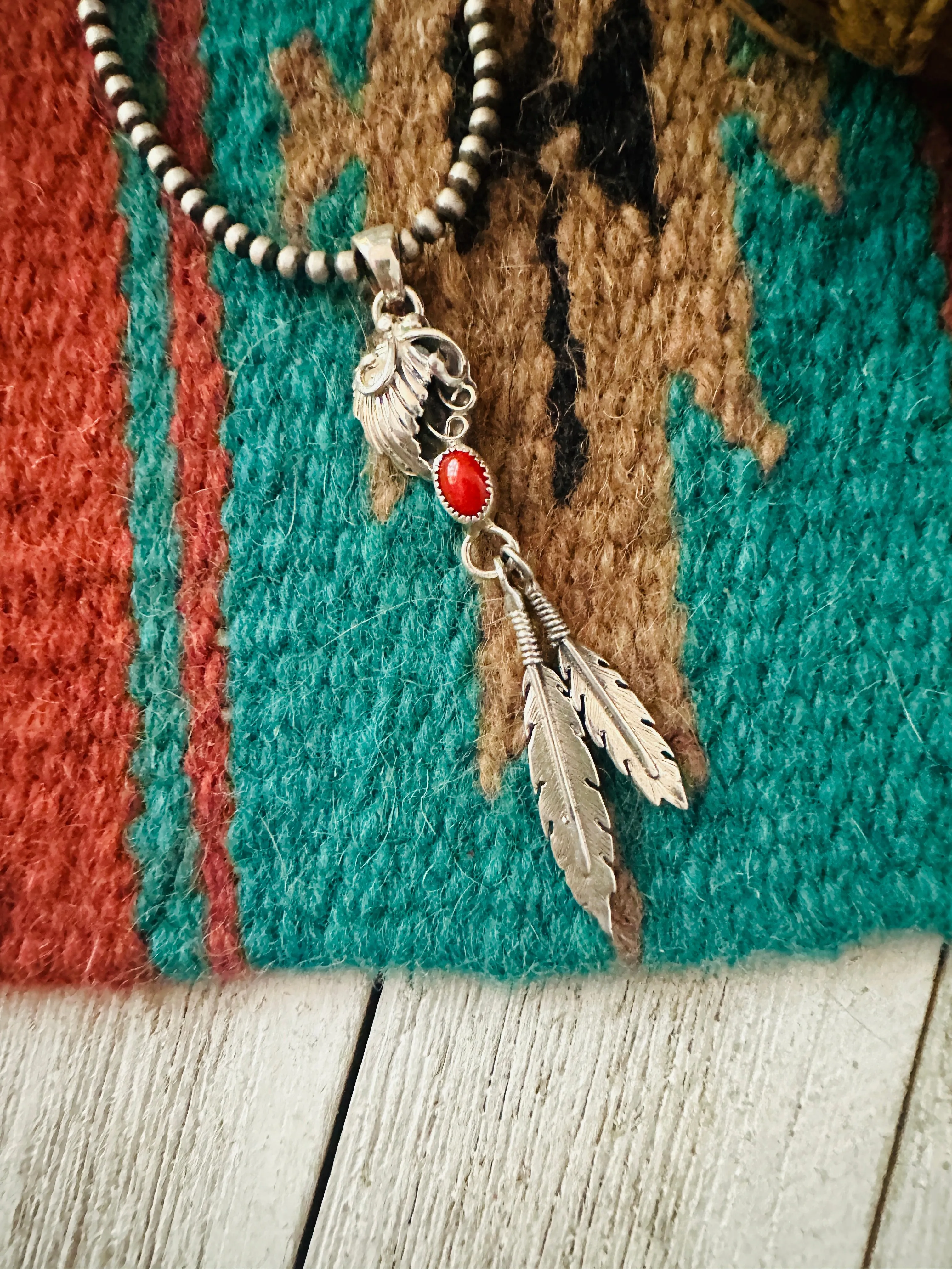 Navajo Coral & Sterling Silver Feather Pendant