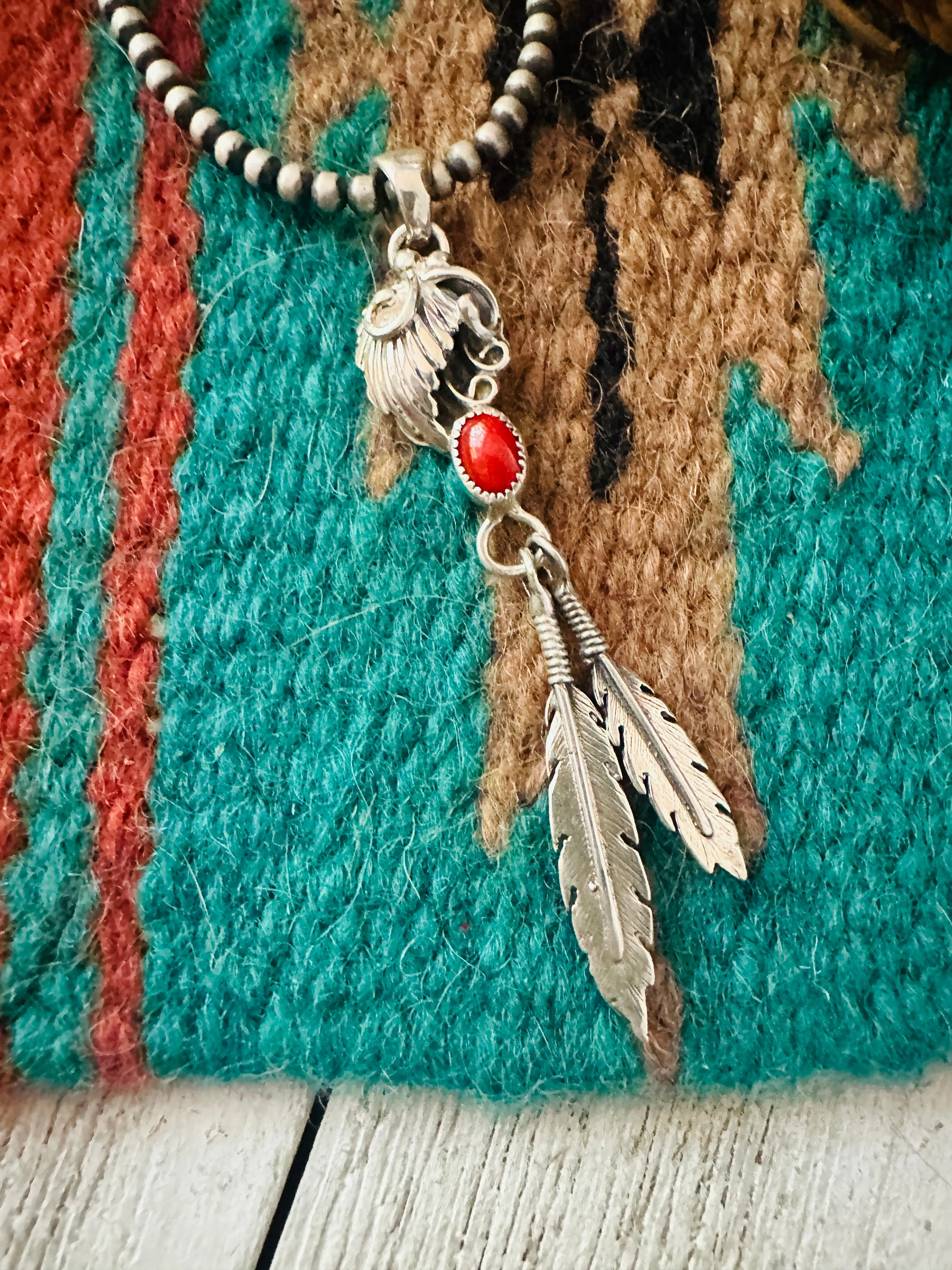 Navajo Coral & Sterling Silver Feather Pendant