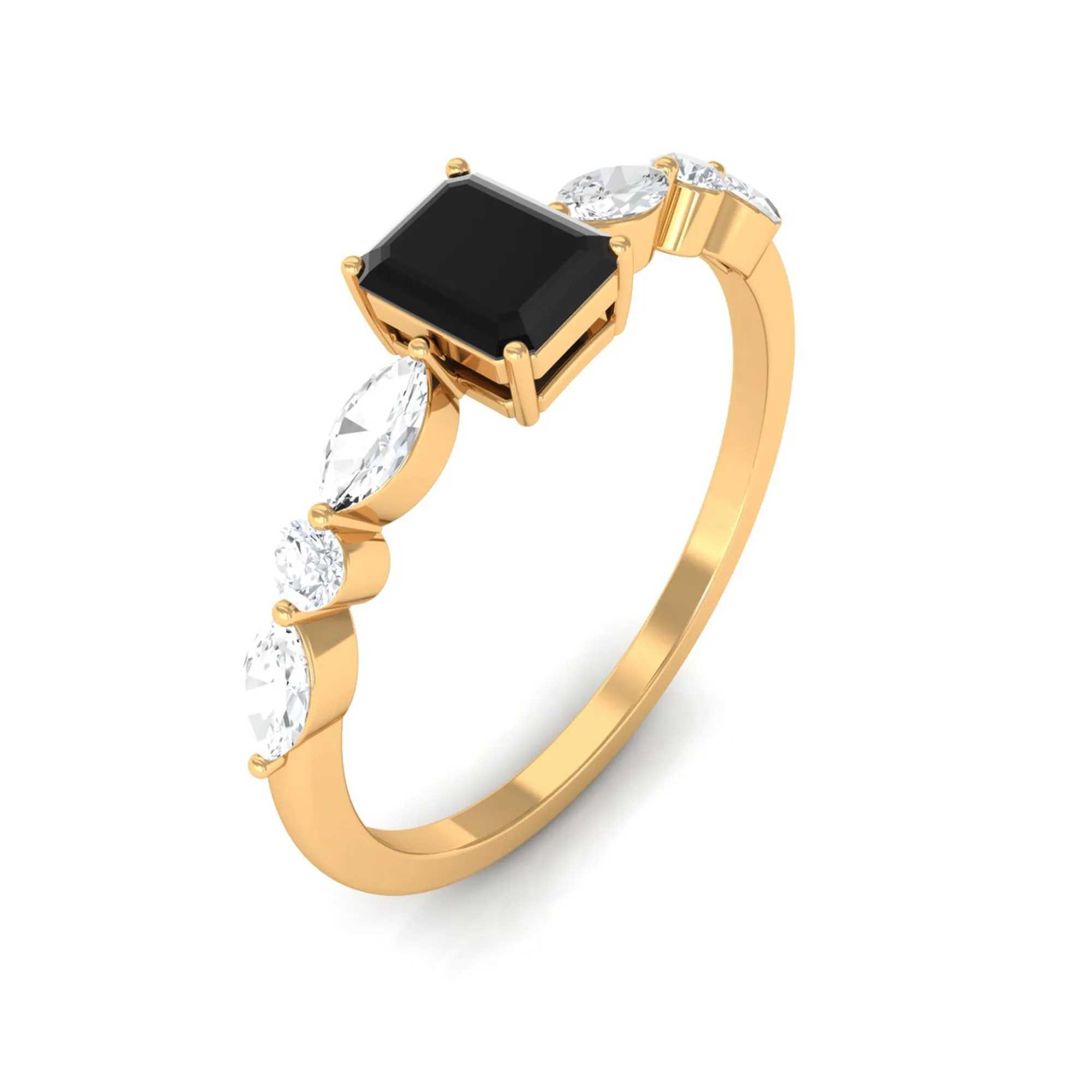 Octagon Black Onyx Solitaire Ring with Diamond Side Stones